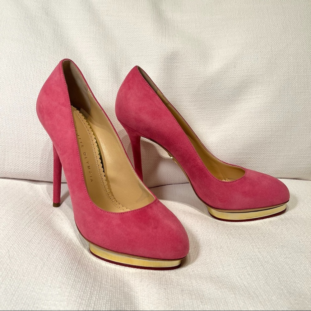 *NEW* 💗 Charlotte Olympia 37 Dolly Pumps in Pink Suede with Gold Platform